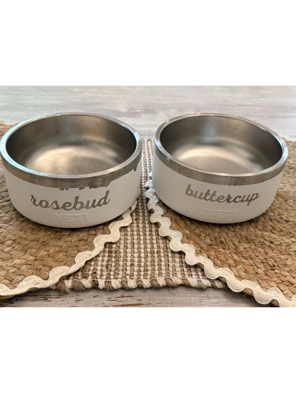 2 PO Yeti White Dog Bowls "Buttercup" + "Rose" Personalized SEE PICTURES PLEASE